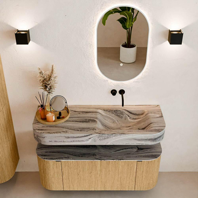 MONDIAZ THOR-DLUX 120cm badmeubel ronding links + rechts kleur Oak met 1 lade en 2 deuren. Vrijhangende wastafel CLOUD Rechts zonder kraangat kleur Sombra.