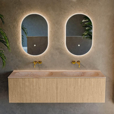 MONDIAZ KURVE-DLUX Meuble de salle de bains 150 cm couleur Oak avec 2 tiroirs et 0 porte. Lavabo STOR SMALL Double sans trou de robinet Saba.
