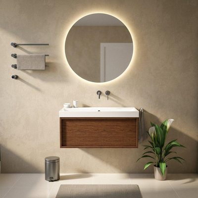 Saniclass Holz Frame Ensemble de meubles de salle de bains - 100x45x47.5cm - lavabo Wave en céramique - 1 vasque - sans trou de robinet - 1 tiroir - walnut pure mat (bois)