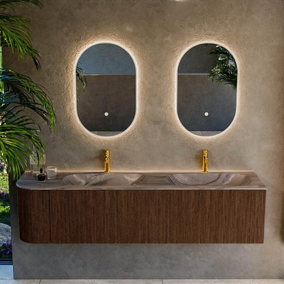 MONDIAZ KURVE-DLUX Meuble de salle de bains 175cm arrondi à gauche couleur Walnut avec 2 tiroirs et 1 porte. Lavabo STOR SMALL Double / Droite 2 trous de robinet Sombra.