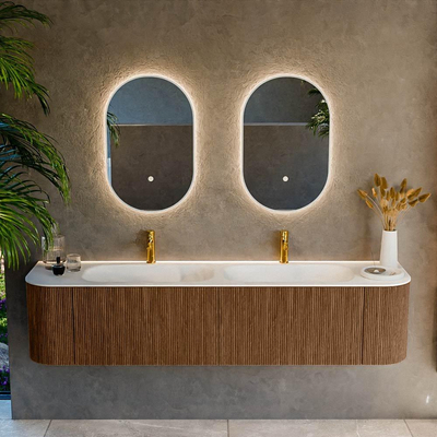 MONDIAZ KURVE 190cm Meuble salle de bain avec module 25 G et D - couleur Walnut - 2 tiroirs - 2 portes - vasque BIG SMALL double - 2 trous de robinet - Talc