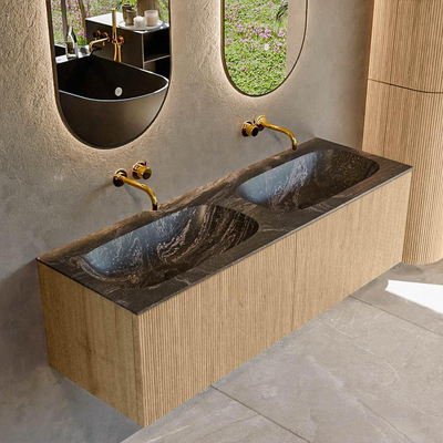 MONDIAZ KURVE-DLUX 140cm Meuble salle de bain - couleur Oak - 2 tiroirs - vasque STOR SMALL double - sans trou de robinet - couleur Lava