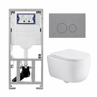 QeramiQ Dely Swirl Ensemble WC - 36.3x51.7cm - réservoir encastré Geberit UP320 - avec châssis Burda - abattant slim - plaque de commande gris clair - boutons ronds - blanc mat