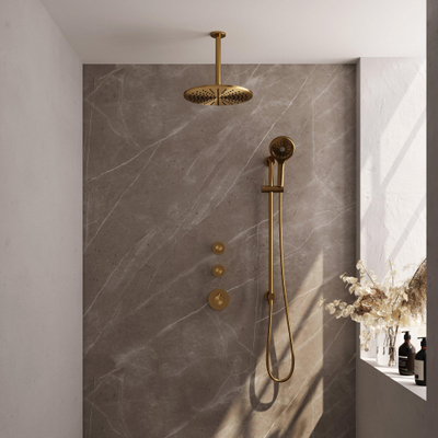 Brauer Gold Edition Ensemble de douche pluie encastré - douche principale 30cm - bras plafond 20cm - 3 boutons lisses - douchette ronde 3 positions - PVD - or brossé