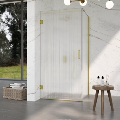 Fortifura Galeria Douchecabine - 90x100x200cm - scharnieren - deurgreep - stabilisatiestang - helder geribbeld - veiligheidsglas - Geborsteld messing PVD (Goud)
