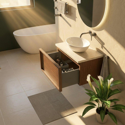 Saniclass Holz Frame Ensemble de meubles de salle de bains - 80x45x43cm - Plan en pierre naturelle travertin - sans trou de robinet - 1 tiroir - noyer pur mat (bois)
