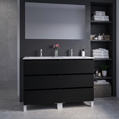Saniclass Chaci PLUS Meuble de salle de bain - 120x86x46cm - lavabo en céramique blanc - 2 vasques - 2 trous de robinet - 6 tiroirs - miroir rectangulaire - noir mat