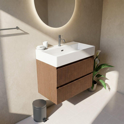 Saniclass Holz Atelier Ensemble meuble de salle de bains - 80x45x72cm - Legend lavabo en céramique blanc - 1 vasque - 1 trou de robinet - 2 tiroirs - mat walnut pure (bois)