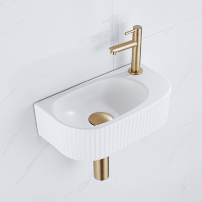 QeramiQ Fuente Ensemble de Lavabo - 40x21.5x12cm - droit - strié - demi-rond - 1 trou de robinet - céramique - ensemble de robinet en laiton brossé - bouchon de vidange - siphon abaissé - blanc mat