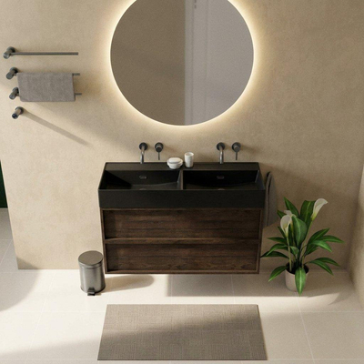 Saniclass Holz Frame Ensemble de meubles de salle de bains - 120x45x72cm - lavabo Legend en céramique noir mat - 2 vasques - sans trous de robinet - 2 tiroirs - chêne charcoal mat (bois)