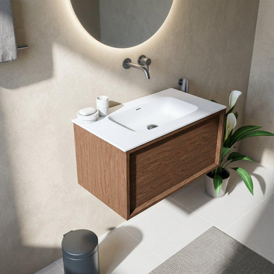 Saniclass Holz Frame Ensemble de meubles de salle de bains - 80x45x41.5cm - Flow lavabo en solid surface blanc - 1 vasque - sans trou de robinetterie - 1 tiroir - walnut pure mat (bois)