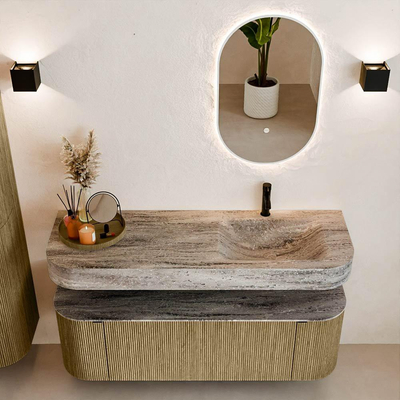 MONDIAZ THOR-DLUX 140cm meuble de salle de bains arrondi gauche + droite couleur Dusk avec 1 tiroir et 2 portes. Vasque suspendue CLOUD Droite 1 trou de robinet couleur Oza.