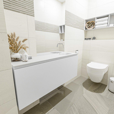 MONDIAZ OLAN Fonteinset - 120x30x40cm - 0 kraangaten - 1 lade - talc mat - wasbak rechts - Solid Surface Wit