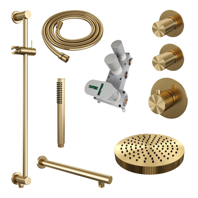 BRAUER Stripe Thermostatische Inbouw Regendouche - SET 07 - 25cm douchekop - rechte muurarm - staaf handdouche - doucheslang - geïntegreerde glijstang - goud geborsteld PVD