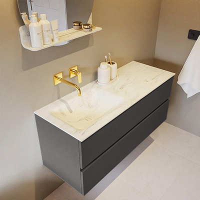 Mondiaz VICA-DLUX ensemble de meuble de salle de bain - 120cm - meuble sous-vasque gris foncé - 2 tiroirs - lavabo encastré cloud gauche - sans trous de robinet - version haute de 60cm - opalo