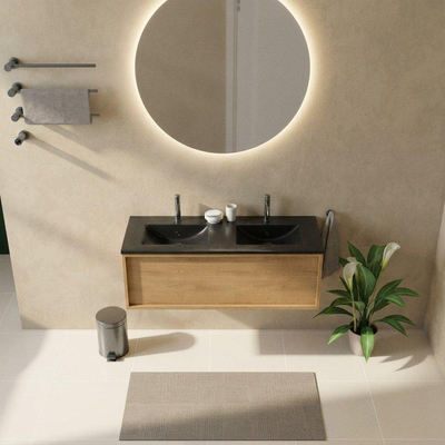 Saniclass Holz Frame Ensemble de meubles de salle de bains - 120x45x42cm - Lavabo en céramique Vygo noir - 2 vasques - 2 trous de robinetterie - 1 tiroir - chêne natural mat (bois)
