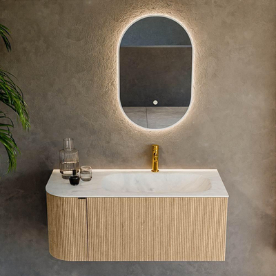 MONDIAZ KURVE-DLUX 105cm meuble de salle de bains avec module 25 L couleur chêne avec 1 tiroir et 1 porte. Lavabo BIG SMALL à droite 1 trou de robinetterie couleur Opalo.