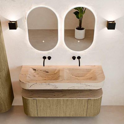 MONDIAZ THOR-DLUX 130cm meuble de salle de bains arrondi gauche + droite couleur Dusk avec 1 tiroir et 2 portes. Vasque suspendue CLOUD Double sans trou de robinet couleur Arena.