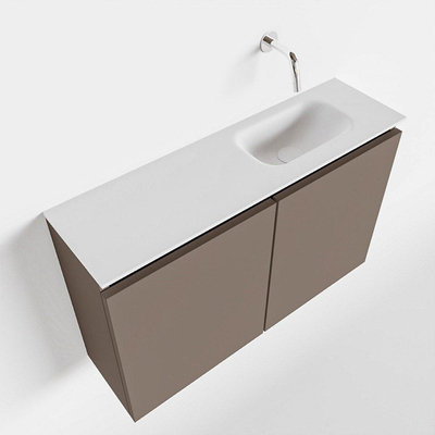 MONDIAZ TURE Toiletmeubel 80x23x50cm met 0 kraangaten 2 deuren smoke mat Wastafel Eden rechts Solid Surface Wit
