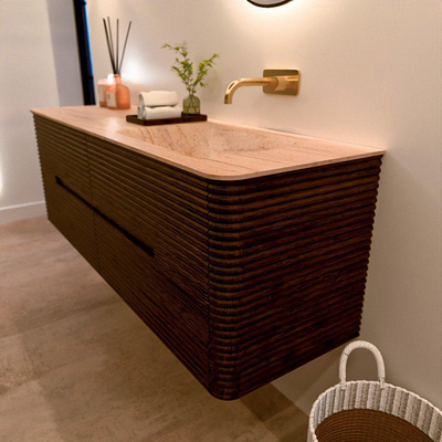 Mondiaz CIRO-DLUX Meuble de salle de bains - 150x45x50cm - Plan vasque Solid surface Saba - 1 lavabo à droite - sans trous de robinetterie - 4 tiroirs - Noyer