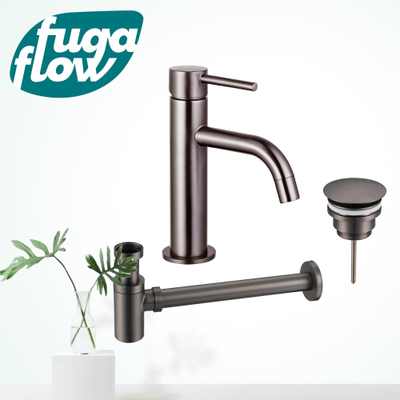 FugaFlow Eccelente Sobrado Badkamer Slim Wastafelkraanset - lage wastafelkraan - always open plug - verlaagde design sifon - PVD Gepolijst Gunmetal