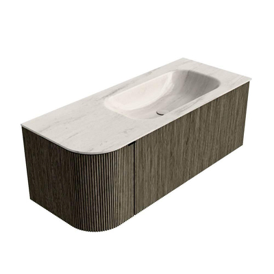 MONDIAZ KURVE-DLUX Meuble de salle de bains 115cm arrondi à gauche couleur Shadow avec 1 tiroir et 1 porte. Lavabo BIG SMALL à droite 1 trou de robinet Meli.