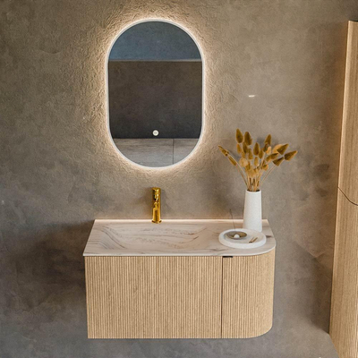 MONDIAZ KURVE-DLUX meuble de salle de bains 85cm arrondi à droite couleur chêne avec 1 tiroir et 1 porte. Lavabo CLOUD à gauche 1 trou de robinet Nata.