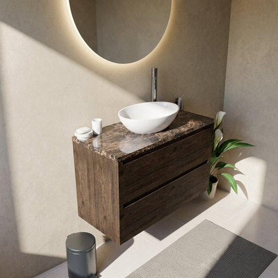 Saniclass Holz Pure Ensemble meuble de salle de bains - 100x45x63cm - Plan en pierre naturelle Noche dark emperador - 1 trou de robinet - 2 tiroirs - chêne charcoal mat (bois)