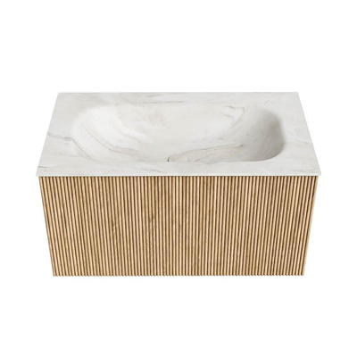 MONDIAZ KURVE-DLUX Meuble de salle de bains 80 cm couleur Oak avec 1 tiroir. Lavabo BIG SMALL central sans trou de robinet couleur Ostra.