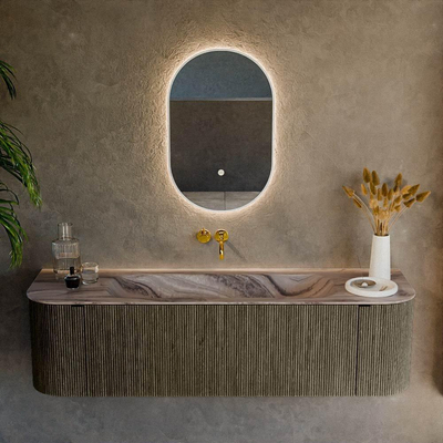 MONDIAZ KURVE-DLUX Meuble de salle de bains 160cm arrondi Gauche + Droite couleur Shadow avec 1 tiroir et 2 portes. Lavabo BIG MEDIUM Central sans trou de robinet Sombra.