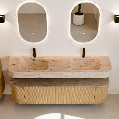 MONDIAZ THOR-DLUX 170cm badmeubel ronding links + rechts kleur Oak met 1 lade en 2 deuren. Vrijhangende wastafel CLOUD Dubbel 2 kraangaten kleur Arena.