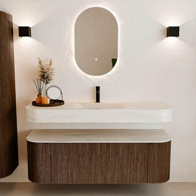 MONDIAZ THOR-DLUX 140cm meuble de salle de bains arrondi gauche + droite couleur Walnut avec 1 tiroir et 2 portes. Vasque suspendue CLOUD Milieu 1 trou de robinet couleur Meli.