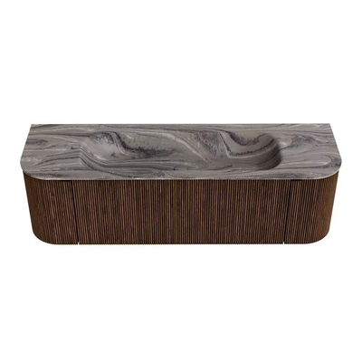 MONDIAZ KURVE-DLUX 150cm badmeubel ronding Links + Rechts kleur Walnut met 1 lade en 2 deuren. Wastafel BIG MEDIUM Midden zonder kraangat Sombra.