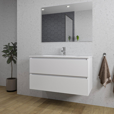 Saniclass Chaci Ensemble meuble de salle de bains - 100x46x55cm - lavabo en céramique blanc - 1 vasque ovale - 1 trou de robinet - 2 tiroirs - miroir rectangulaire - blanc mat