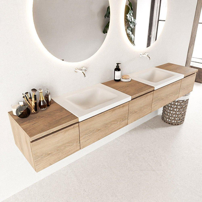 Mondiaz BUKLA badkamermeubelset 240x45x34cm 0 kraangaten 2 wasbakken solid surface Talc greeploos 5 lades met softclose Melamine Washed Oak