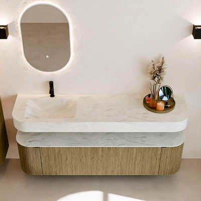 MONDIAZ THOR-DLUX Meuble de salle de bains 170cm arrondi gauche + droite couleur Dusk avec 1 tiroir et 2 portes. Vasque suspendue CLOUD Gauche 1 trou de robinet couleur Opalo.