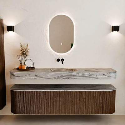 MONDIAZ THOR-DLUX 180cm badmeubel ronding links + rechts kleur Walnut met 2 lades en 2 deuren. Vrijhangende wastafel CLOUD Midden zonder kraangat kleur Sombra.