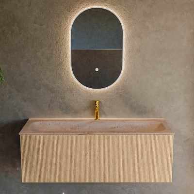 MONDIAZ KURVE-DLUX 120cm badmeubel kleur Oak met 1 lade en 0 deuren. Wastafel BIG LARGE Midden 1 kraangat Saba.