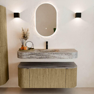 MONDIAZ THOR-DLUX Meuble de salle de bains 120cm arrondi gauche + droite couleur Dusk avec 1 tiroir et 2 portes. Vasque suspendue CLOUD Milieu 1 trou de robinet couleur Oza.