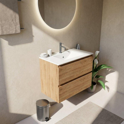 Saniclass Holz Pure Ensemble meuble de salle de bains - 80x45x62cm - Lavabo en céramique Vygo blanc - 1 vasque - 1 trou de robinetterie - 2 tiroirs - chêne natural mat (bois)
