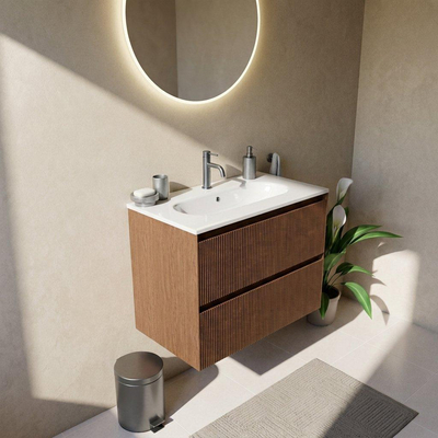 Saniclass Holz Atelier Ensemble meuble de salle de bains - 80x45x73.9cm - Lavabo Chaci en céramique blanc - 1 vasque - 1 trou de robinetterie - 2 tiroirs - walnut pure mat (bois)