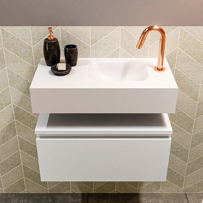 MONDIAZ ANDOR Toiletmeubel - 60x30x30cm - 1 kraangat - 1 lades - talc mat - wasbak rechts - Solid surface - Wit