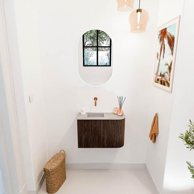 Mondiaz JOYA-DLUX 61.6cm toiletmeubel - ronding rechts kleur Walnut - Wastafel FAYE positie Links Zonder kraangat kleur Glace.