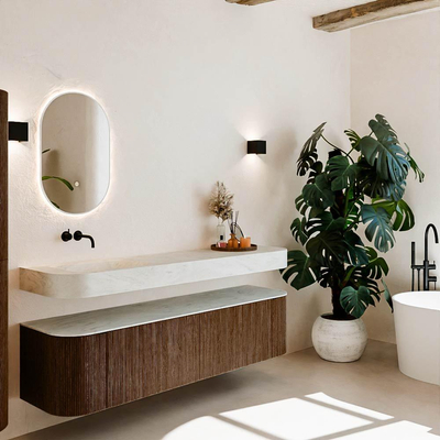 MONDIAZ THOR-DLUX 180cm meuble de salle de bains arrondi gauche + droite couleur Walnut avec 2 tiroirs et 2 portes. Vasque suspendue CLOUD Gauche sans trou de robinet couleur Opalo.