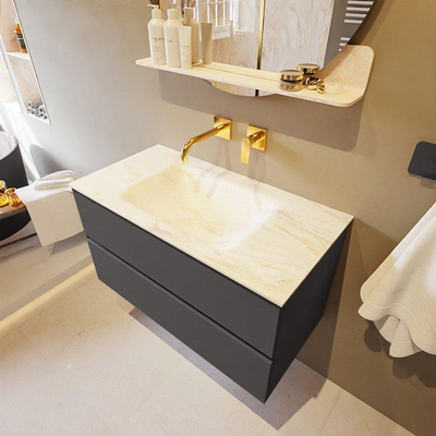 Mondiaz VICA-DLUX Ensemble de meuble de salle de bain - 90cm - meuble sous-vasque gris foncé - 2 tiroirs - lavabo encastré nuage milieu - sans trous de robinet - version haute 60cm - ostra