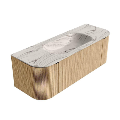 MONDIAZ KURVE-DLUX 130cm badmeubel ronding Links + Rechts kleur Oak met 1 lade en 2 deuren. Wastafel BIG SMALL Midden zonder kraangat Nata.
