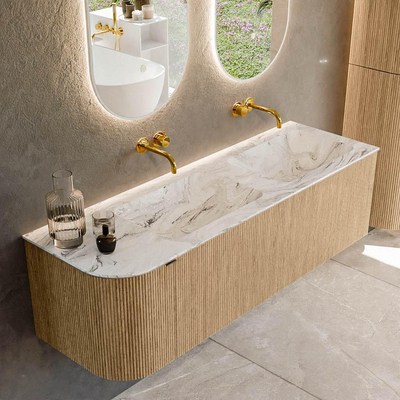 MONDIAZ KURVE-DLUX 145cm badmeubel met module 25 L kleur Oak met 1 lade en 1 deur. Wastafel LEAF dubbel / rechts zonder kraangat kleur Glace.