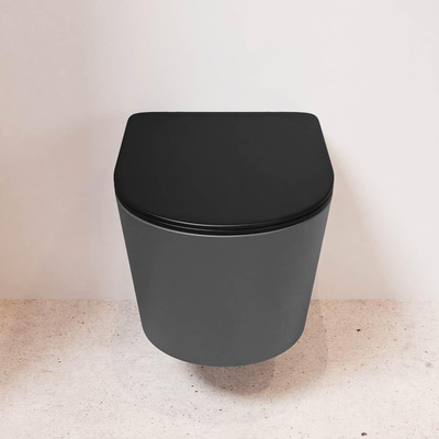 Mondiaz LAVIE hangtoilet – spoelrandloos – 36 x 53 cm – met softclose zitting – Dark grey (grijs), zitting Urban (zwart)