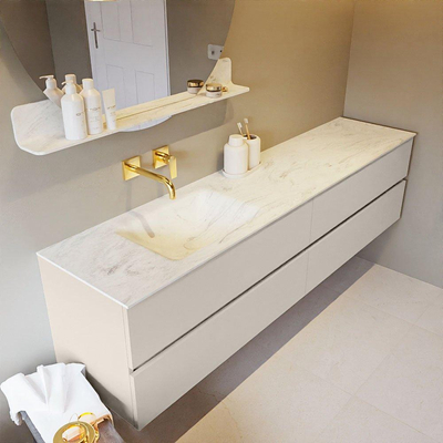 Mondiaz VICA-DLUX ensemble de meuble de salle de bain - 200cm - meuble sous-vasque lin - 4 tiroirs - lavabo encastrée nuage gauche - sans trous de robinet - version haute de 60cm - opalo