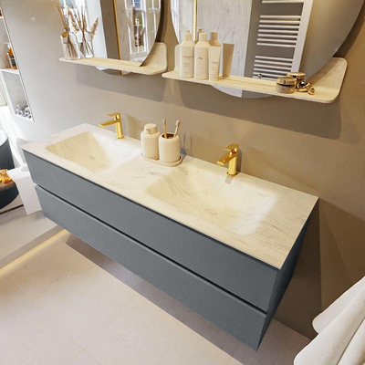 Mondiaz VICA-DLUX Ensemble de meuble de salle de bain - 150cm - meuble sous-vasque plata - 2 tiroirs - lavabo encastré cloud double - 2 trous de robinet - version haute de 60cm - opalo